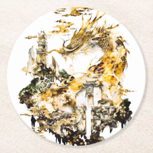 Majestic Asian Mythology Dragon Temple Fantasy Round Paper Coaster
