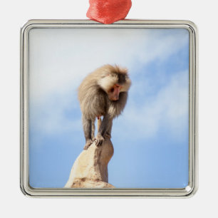 Majestic Baboon on Mountain Peak Metal Tree Decoration