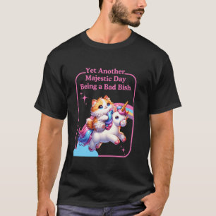 Majestic Bad Bish Cat Riding a Unicorn in 80s Retr T-Shirt