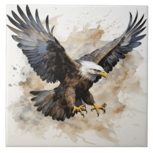 Majestic Bald Eagle in Flight, Watercolor Tile