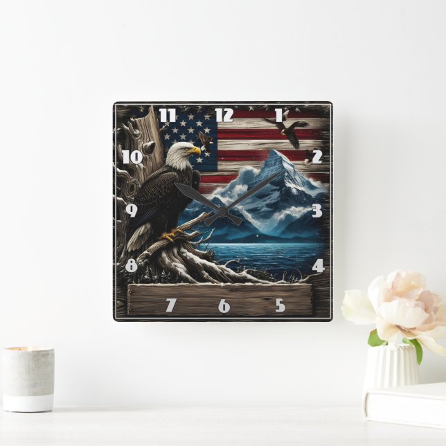 Majestic Bald Eagle Perched by Mountains and Flag Square Wall Clock (Home)