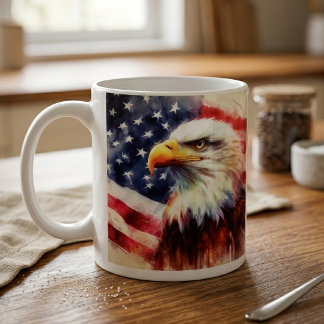 Majestic Bald Eagle Portrait with American Flag Coffee Mug