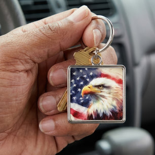 Majestic Bald Eagle Portrait with American Flag Key Ring
