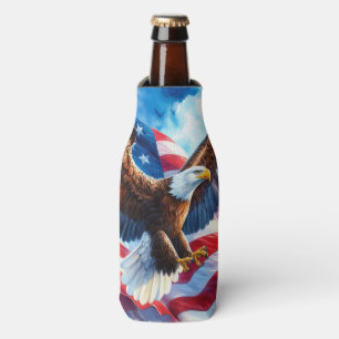Majestic Bald Eagle with American Flag  Bottle Cooler