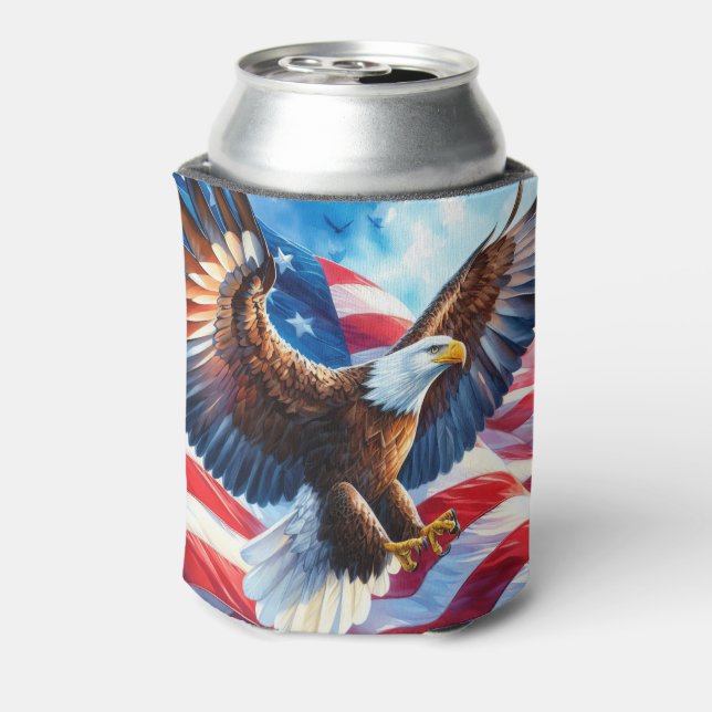 Majestic Bald Eagle with American Flag  Can Cooler (Can Back)