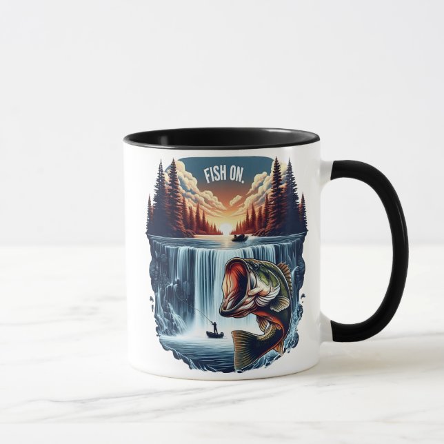 Majestic Bass Leaping Over Waterfall at Sunset Mug (Right)
