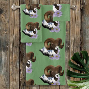 Majestic Bighorn Brown  Sheep Ram Green Mountains Bath Towel Set