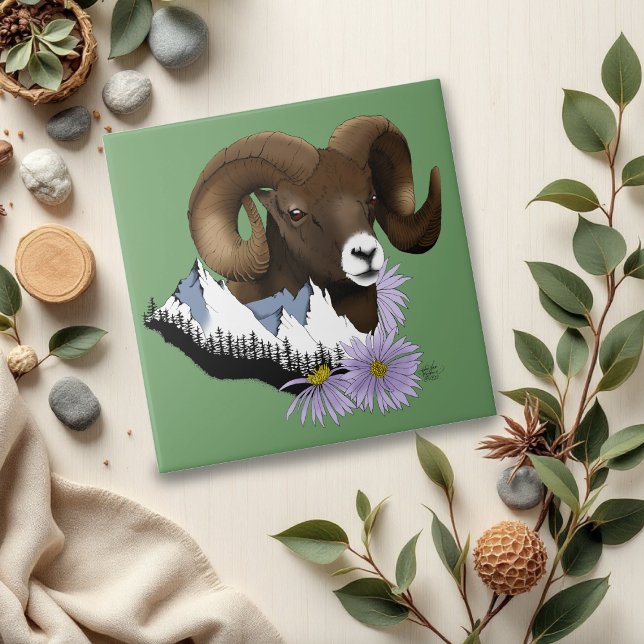 Majestic Bighorn Brown Sheep Ram Green Mountains Tile (Creator Uploaded)