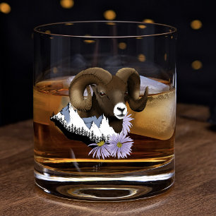 Majestic Bighorn Brown Sheep Ram Green Mountains Whiskey Glass