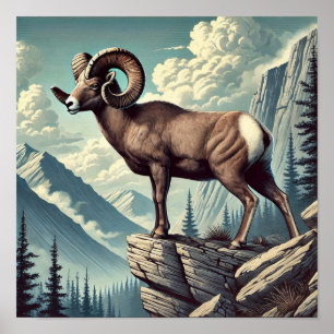 Majestic Bighorn Sheep Rocky Mountain Wildlife Poster