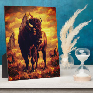 Majestic Bison Oil Painting – Wild Prairie Sunset Plaque