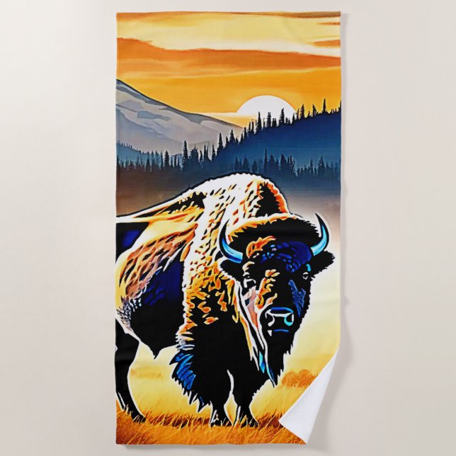 Majestic Bison Sunset Beach Towel (Front)