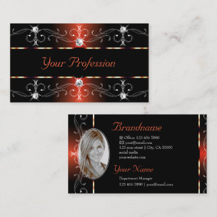 Majestic Black and Orange Ornate Borders with Foto Business Card