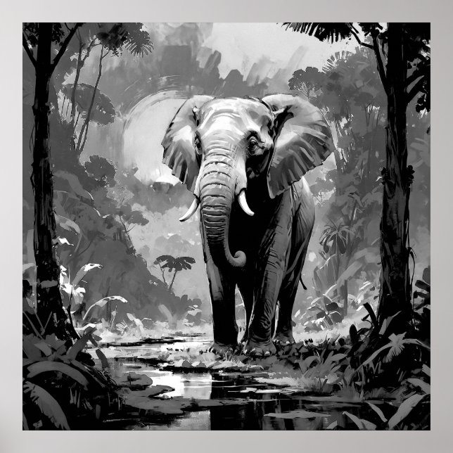 Majestic Black and White Elephant in Jungle Art Poster (Front)