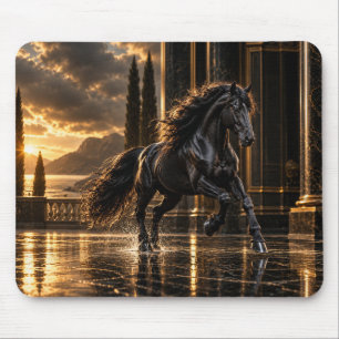 Majestic Black Friesian Horse at Golden Sunset Mouse Pad