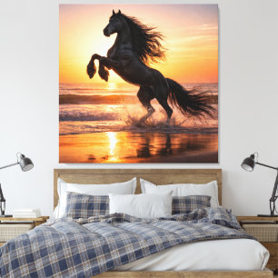 Majestic Black Friesian Horse Sunset Ocean  Canvas Print