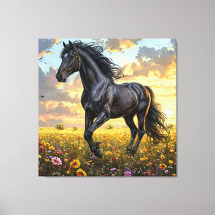 Majestic Black Horse Galloping Through a Vibrant F Canvas Print