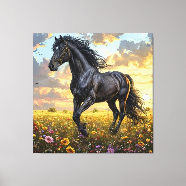 Majestic Black Horse Galloping Through a Vibrant F Canvas Print (Front)