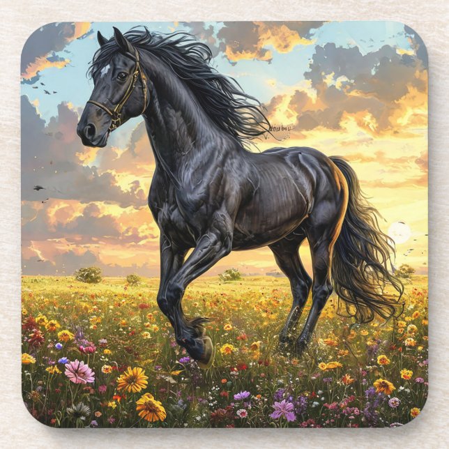 Majestic Black Horse Galloping Through a Vibrant F Coaster (Front)
