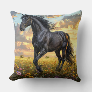 Majestic Black Horse Galloping Through a Vibrant F Cushion