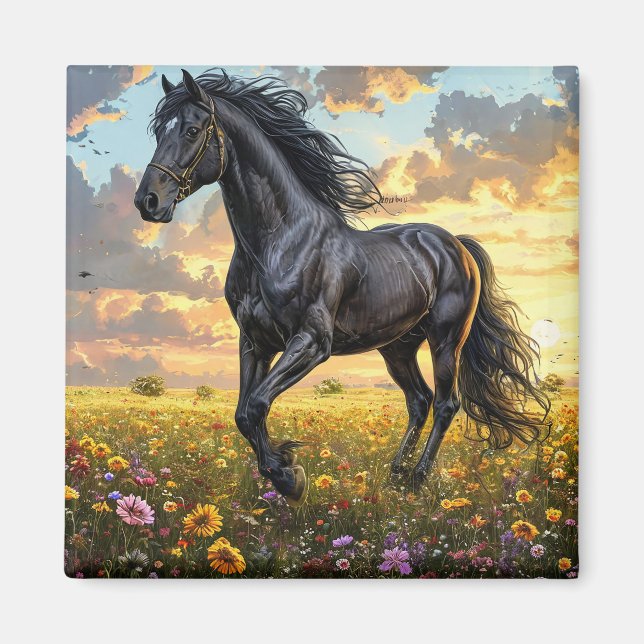 Majestic Black Horse Galloping Through a Vibrant F Magnet (Front)