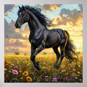 Majestic Black Horse Galloping Through a Vibrant F Poster