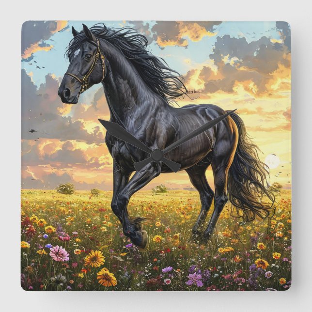 Majestic Black Horse Galloping Through a Vibrant F Square Wall Clock (Front)