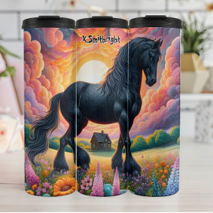 Majestic Black Horse in a Colourful Meadow Thermal Tumbler