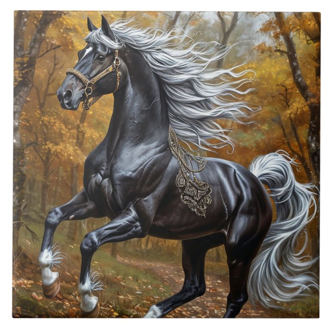 Majestic Black Horse in an Autumn Forest Tile (Front)