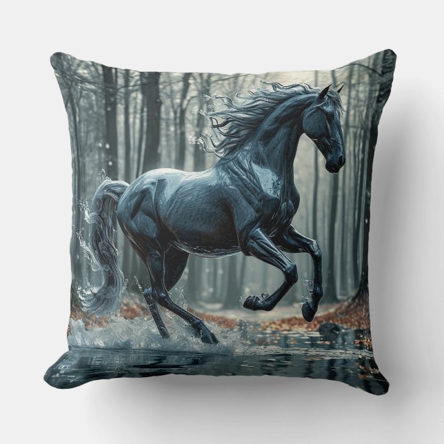 Majestic Black Horse in Ornate Ornament Cushion (Front)