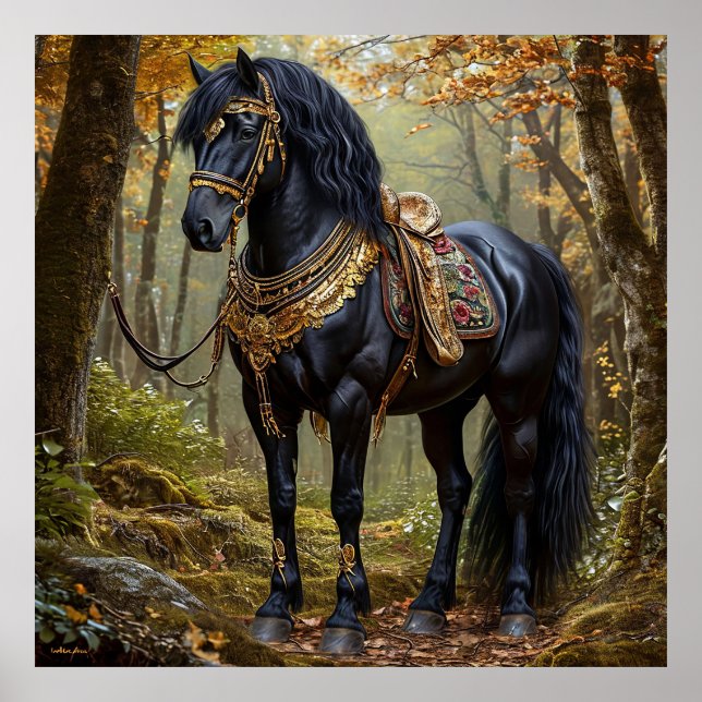 Majestic Black Horse in Regal Gold Adornments Poster (Front)
