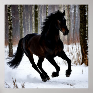 Majestic Black Horse in snow Poster