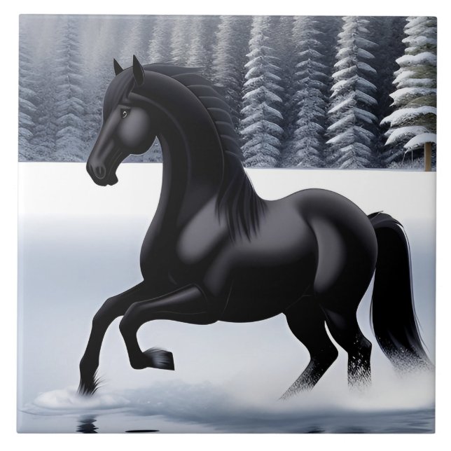 Majestic Black Horse Prancing on a Snowy Surface Tile (Front)