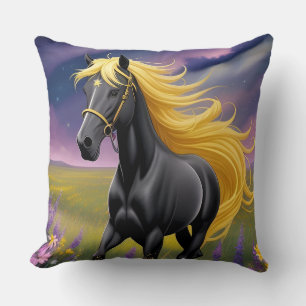 Majestic Black Horse with Flowing Golden Mane Cushion