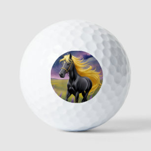 Majestic Black Horse with Flowing Golden Mane Golf Balls
