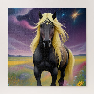 Majestic Black Horse with Flowing Golden Mane Jigsaw Puzzle