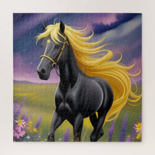 Majestic Black Horse with Flowing Golden Mane Jigsaw Puzzle