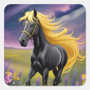 Majestic Black Horse with Flowing Golden Mane Square Sticker