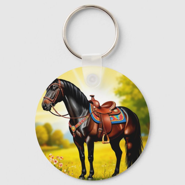 Majestic Black Horse With Saddle Key Ring (Front)