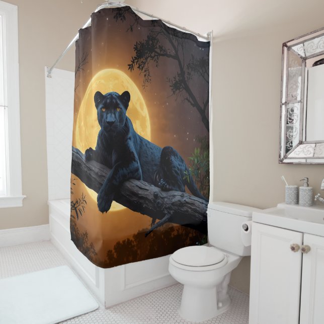 Majestic Black Panther on Tree with Moon Shower Curtain (In Situ)