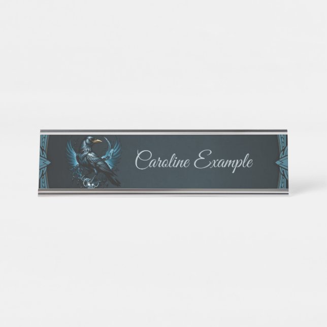 Majestic black raven sitting on an ornate,  desk name plate (Front)