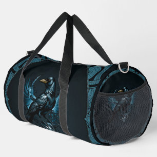 Majestic black raven sitting on an ornate duffle bag