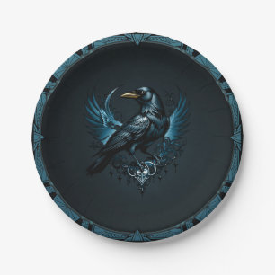 Majestic black raven sitting on an ornate paper plate