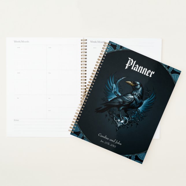 Majestic black raven sitting on an ornate,  planner (Display)