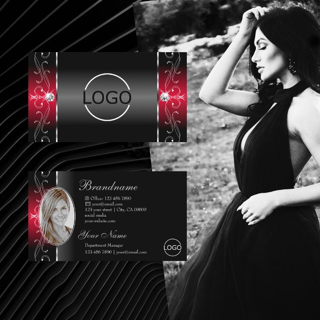Majestic Black Red Squiggled Jewels Logo and Photo Business Card (Creator Uploaded)