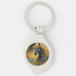 Majestic Black Stallion Amid Vibrant Wildflowers Key Ring
