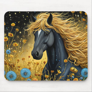 Majestic Black Stallion Amid Vibrant Wildflowers Mouse Pad