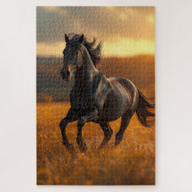 Majestic Black Stallion Autumn Landscape Jigsaw Pu
