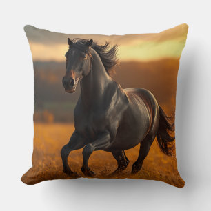 Majestic Black Stallion Horse Autumn Sunset Landsc Cushion