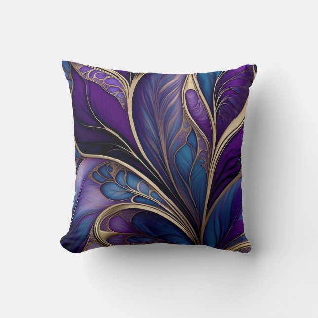 Majestic Bloom - Deep Purple and Blue Abstract Art Cushion (Front)